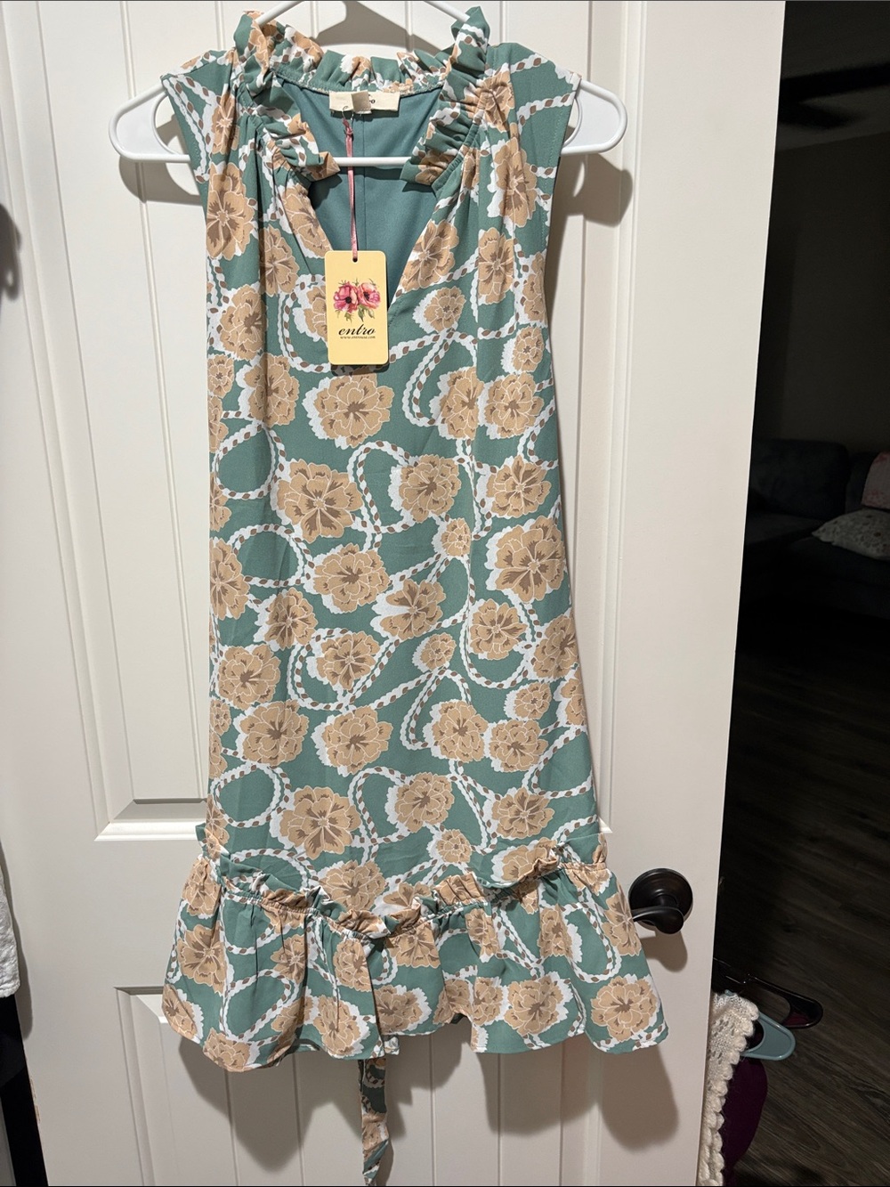 entro Teal and Beige Floral Ruffle-Hem Midi Dress